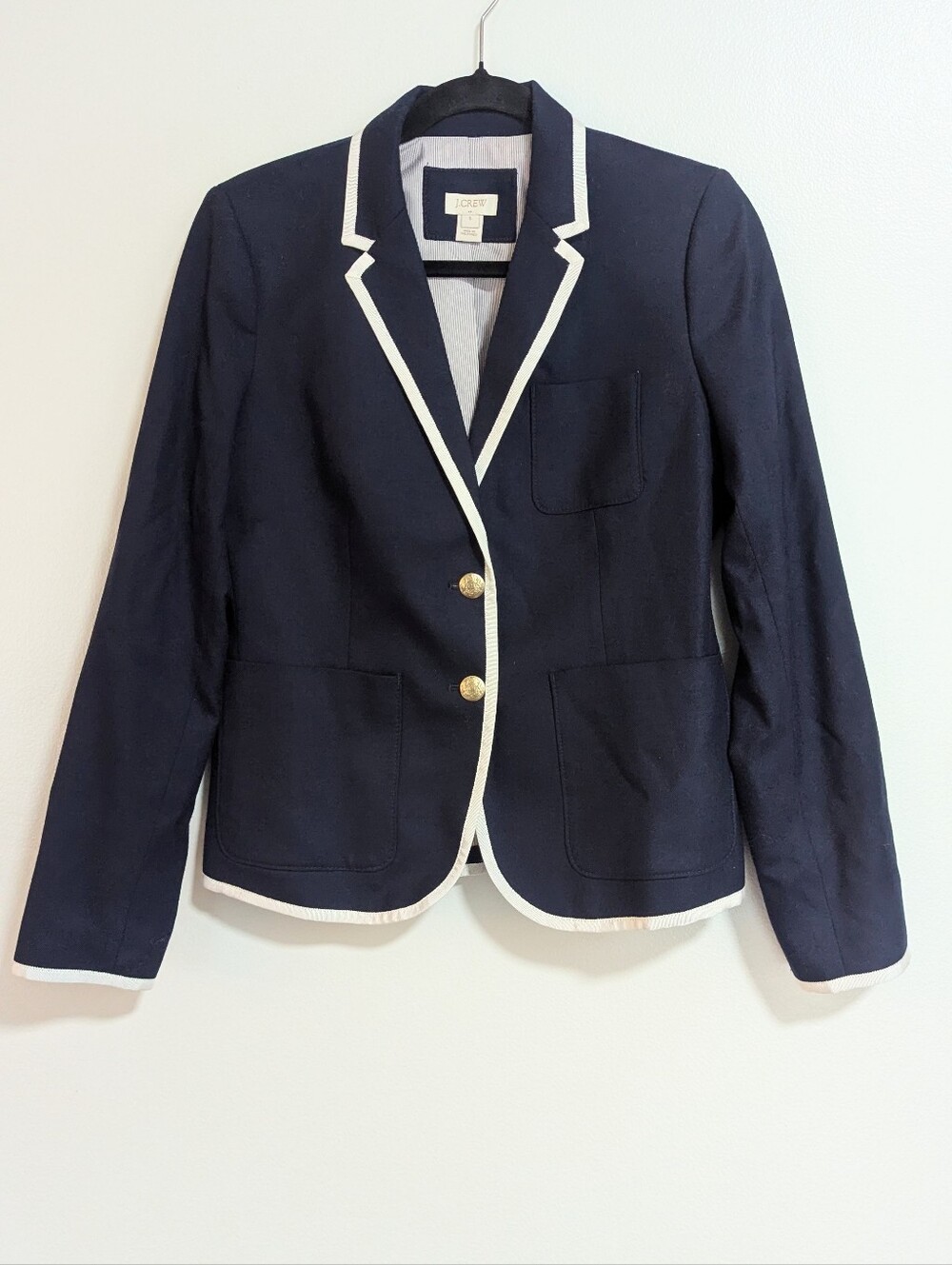 J. Crew Factory Navy Wool Blend White Trim Blazer Size 6